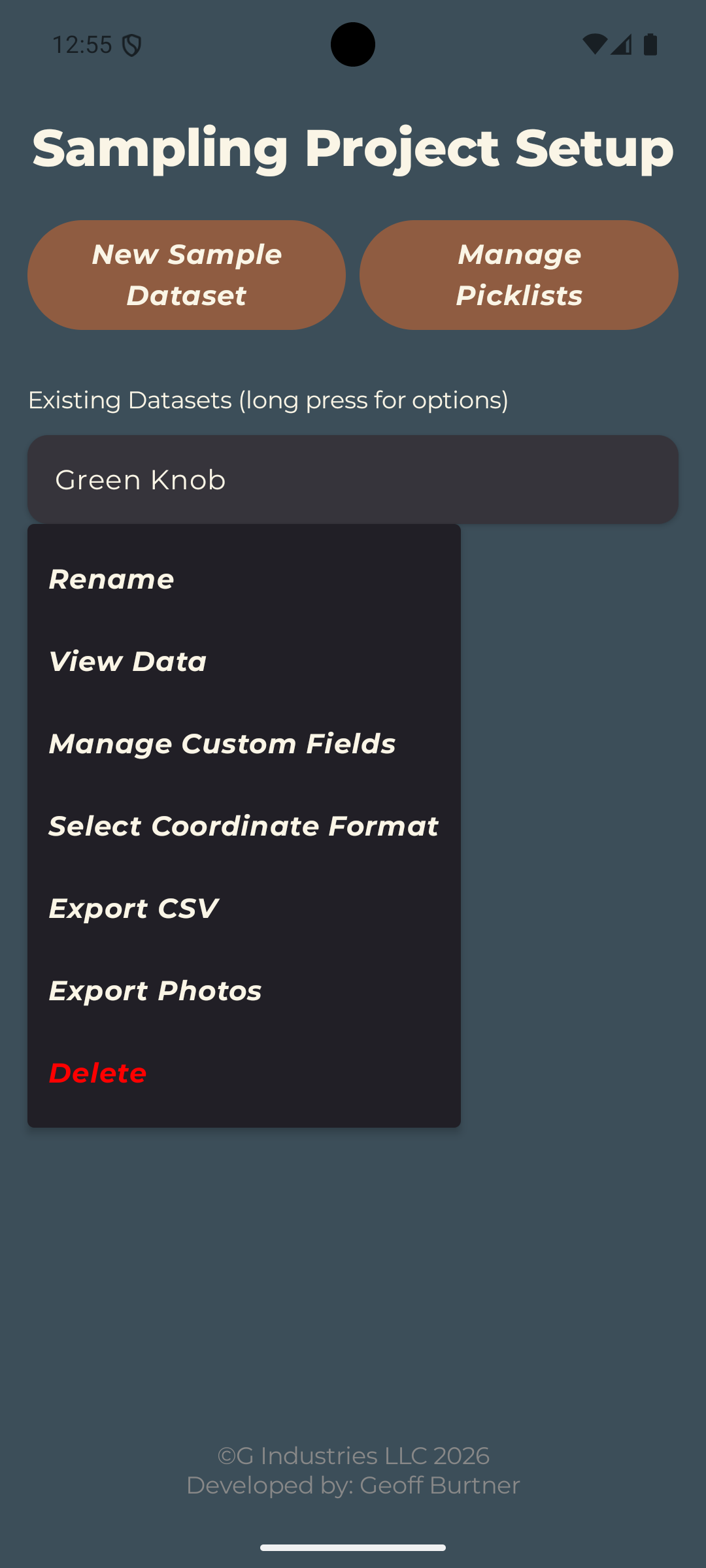 Sample dataset menu